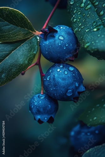 Blueberries grow on a branch surrounded by green leaves in a vibrant natural ...