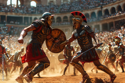 Gladiator fight in a dusty arena. Swing of a sword weapon in a battle of ancient warriors.