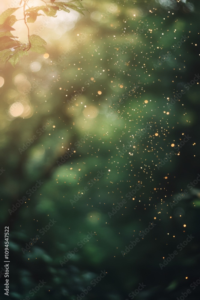 Fototapeta premium Sunlight filtering through trees reveals sparkling dust particles in a serene forest setting