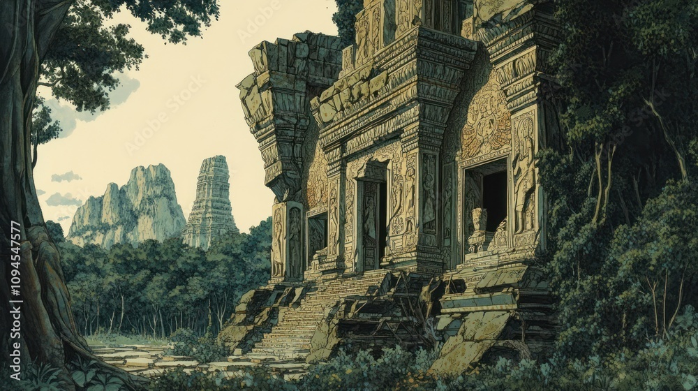 A serene ancient temple surrounded by lush greenery and distant mountains. A serene ancient temple surrounded by lush greenery and distant mountains.