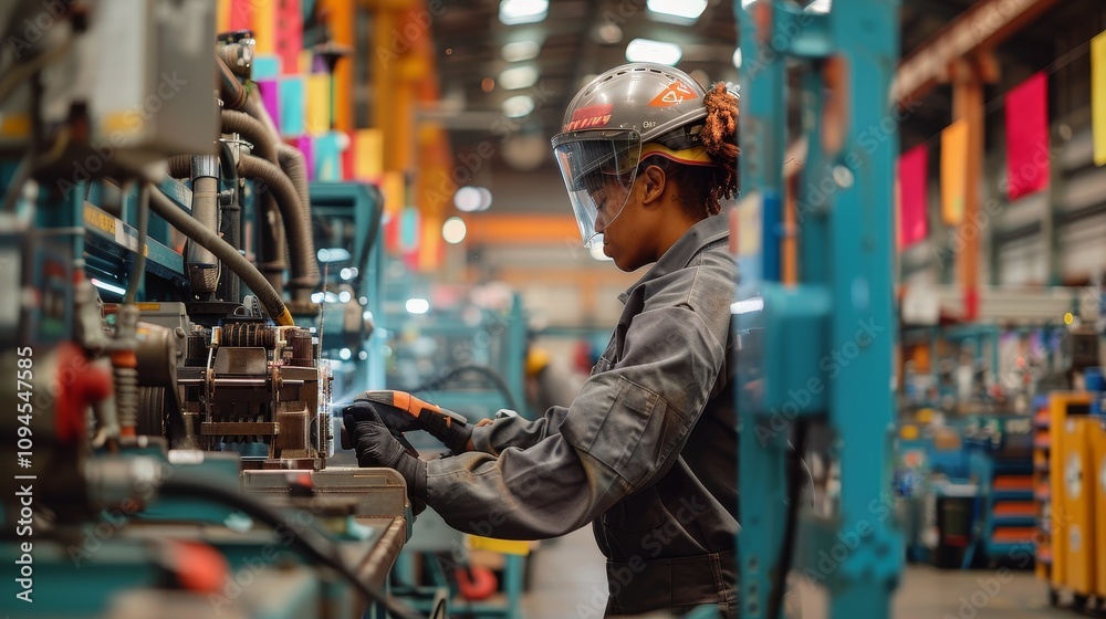 A Worker Wearing Safety Gear Operates Machinery in a Factory A Worker Wearing Safety Gear Operates Machinery in a Factory