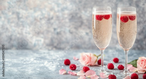 Glasses filled with sparkling beverage and decorated with flowers and berries...