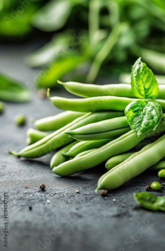 Fresh green beans and leafy greens arranged on a dark stone surface in a kitc...