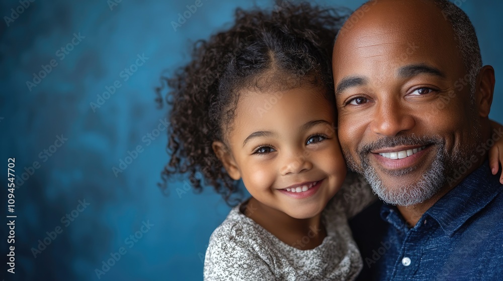 Father and daughter portrait with joyful smiles against a vibrant blue backdrop in a studio setting, highlighting their close bond and happiness. Father and daughter portrait with joyful smiles against a vibrant blue backdrop in a studio setting, highlighting their close bond and happiness.
