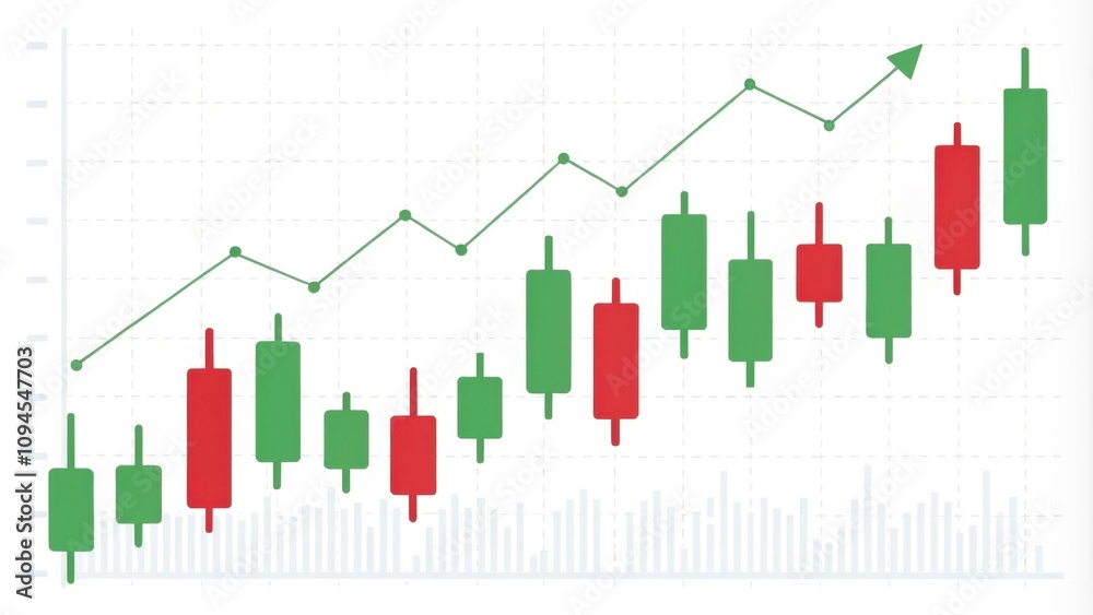 A candlestick chart illustrating daily stock price fluctuations featuring green and red candles indicating increases and decreases. A candlestick chart illustrating daily stock price fluctuations featuring green and red candles indicating increases and decreases.