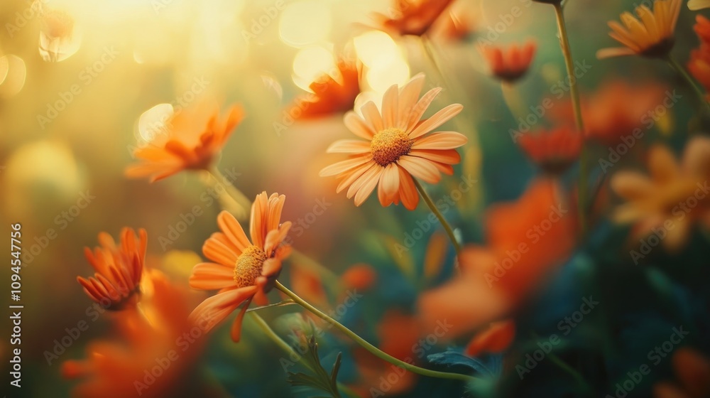 Vibrant close-up of orange and yellow daisies in soft focus, highlighted by warm sunlight and a dreamy bokeh background.