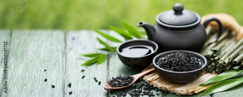 Brewing black tea with teapot and loose leaves on wooden table surrounded by ...