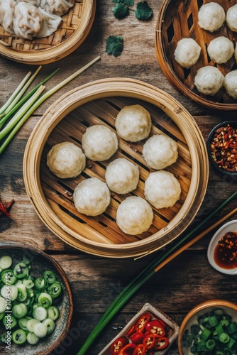 Steamed dumplings in bamboo basket with fresh herbs and chilies on wooden table