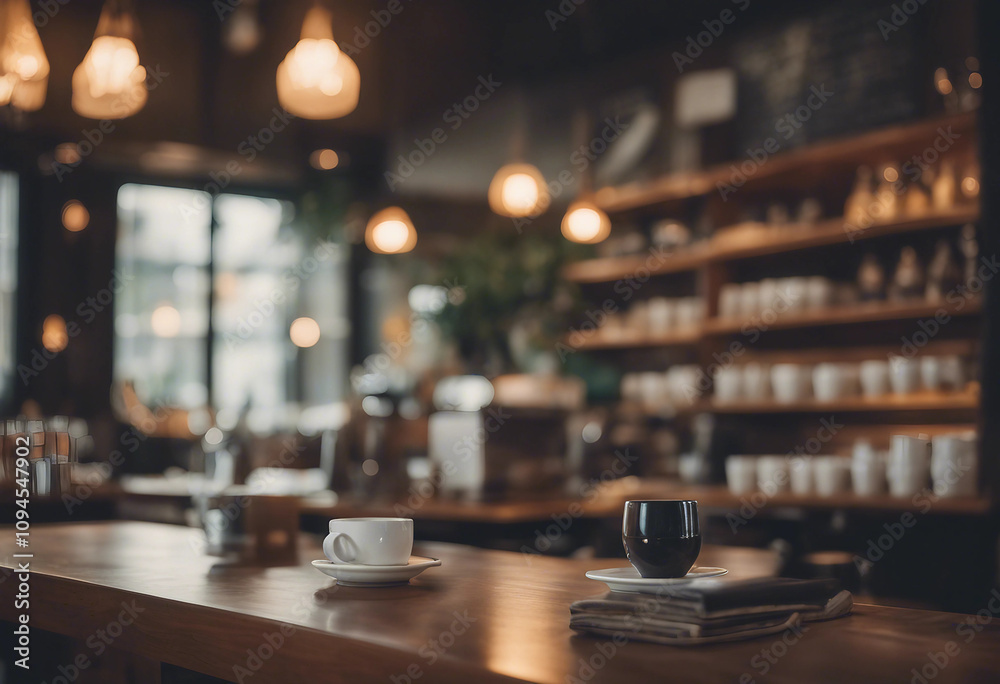This stunning coffee shop photograph featuring a cozy shelf and table setup perfect for a cafe This stunning coffee shop photograph featuring a cozy shelf and table setup perfect for a cafe