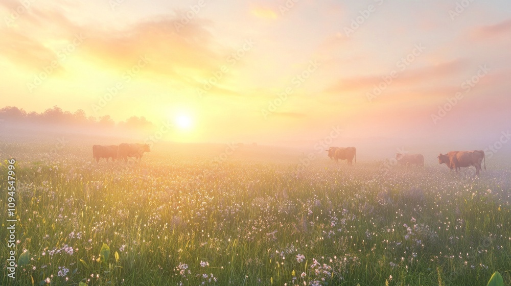 Obraz premium A group of cows are grazing in a field with a beautiful sunset in the background. The cows are scattered throughout the field, with some closer to the foreground and others further back