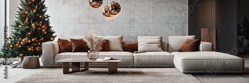 Cozy holiday living room decorated with Christmas trees and stylish furniture...