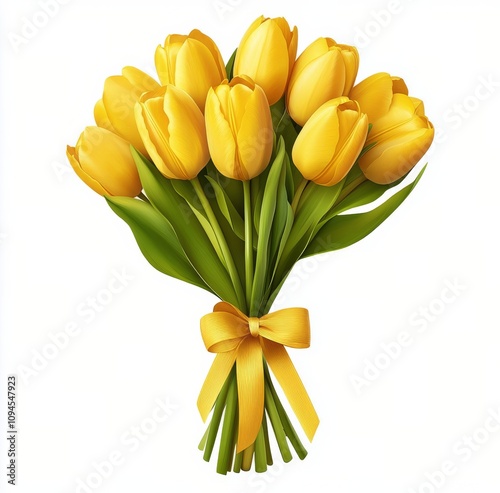 Bright yellow tulip bouquet arranged with vibrant green leaves tied with a ri...