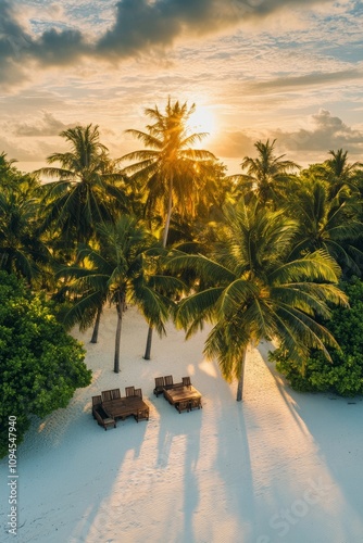 Tropical island paradise with palm trees at sunset over tranquil ocean waves