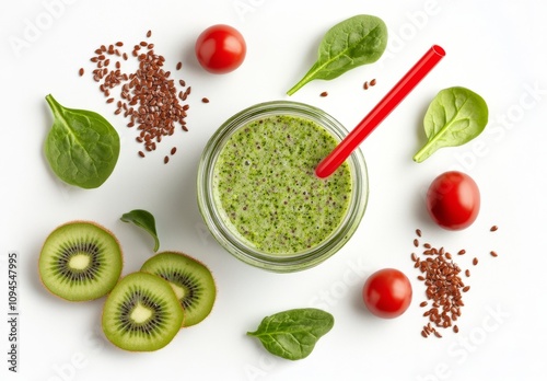 Fresh green smoothie with fruits and vegetables arranged artistically on a wh...