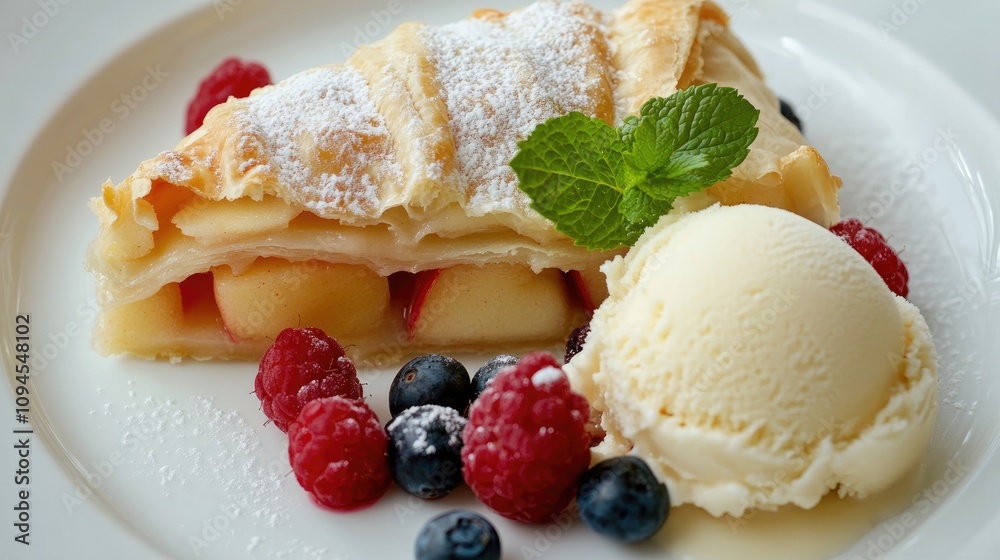 Delicious apple strudel slice accompanied by creamy vanilla ice cream, garnished with fresh mint and vibrant mixed berries on a white plate Delicious apple strudel slice accompanied by creamy vanilla ice cream, garnished with fresh mint and vibrant mixed berries on a white plate