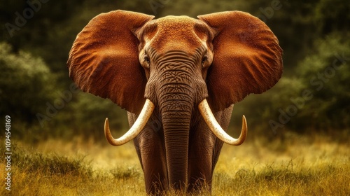 Wild elephant portrait highlighting majestic ivory tusks and large, expressive ears set against a natural blurred background, ideal for artistic designs. photo