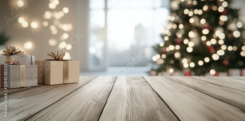 Beautiful Christmas tree with presents on wooden table against colorful bokeh...
