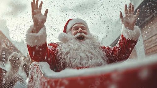 Santa Claus in sleigh, filled with joy as reindeers pull him through the falling snow. Joy and Christmas winter atmosphere.