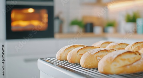 Freshly baked bread rolls cooling on a rack in a warm kitchen during the morn...