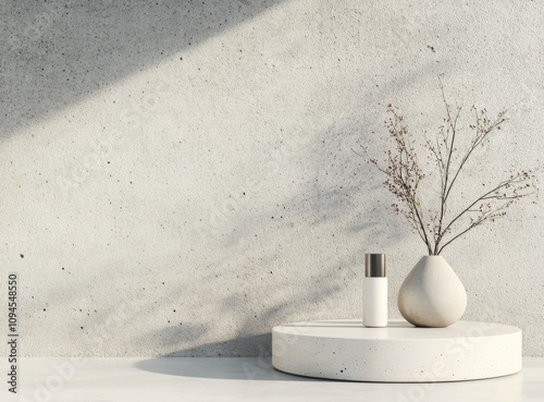 Minimalist decor featuring a vase and a natural element on a round pedestal
