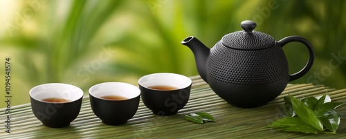 Brewing black tea with teapot and loose leaves on wooden table surrounded by ...