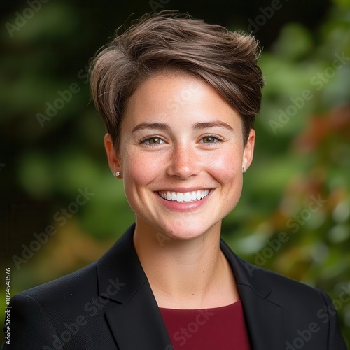 Retro female concept. A professional woman with a bright smile, wearing a black blazer. She is standing outdoors against a blurred green background. photo