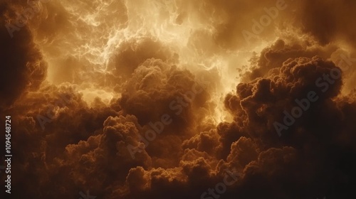 Dramatic night sky showcasing dark, billowing storm clouds illuminated by intense burnt sienna tones, creating a striking atmospheric display.