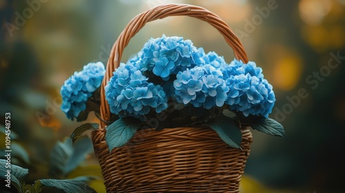 Basket overflowing with bright blue hydrangea flowers set against a blurred natural background, showcasing the flowers' lush petals and greenery. photo