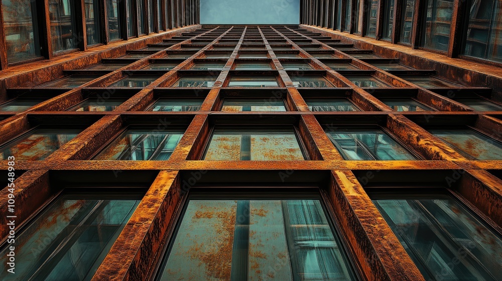 Close-up view of weathered metal frames and reflective glass windows on a towering skyscraper, showcasing intricate patterns and urban architecture. Close-up view of weathered metal frames and reflective glass windows on a towering skyscraper, showcasing intricate patterns and urban architecture.