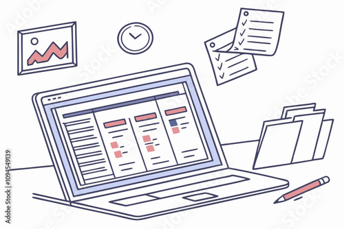 Project management, planning for software development, resources and budget planning, project schedule diagram, Gantt chart for work deadline concept, computer laptop with project management software
