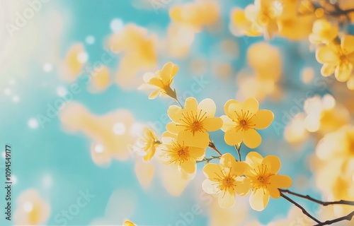 Bright yellow flowers bloom against a vibrant blue sky during springtime