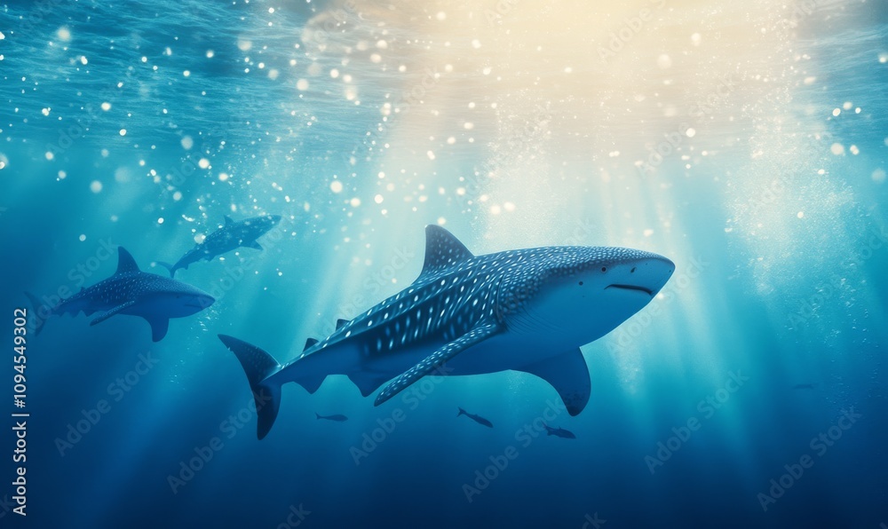 Fototapeta premium Sharks swimming gracefully in deep blue ocean waters during calm daylight hours