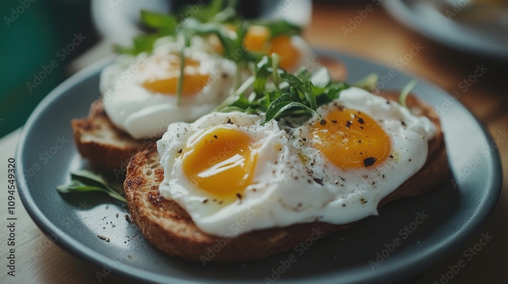 Delicious poached eggs on toasted muffins garnished with fresh greens and a sprinkle of black pepper on a stylish plate. Delicious poached eggs on toasted muffins garnished with fresh greens and a sprinkle of black pepper on a stylish plate.