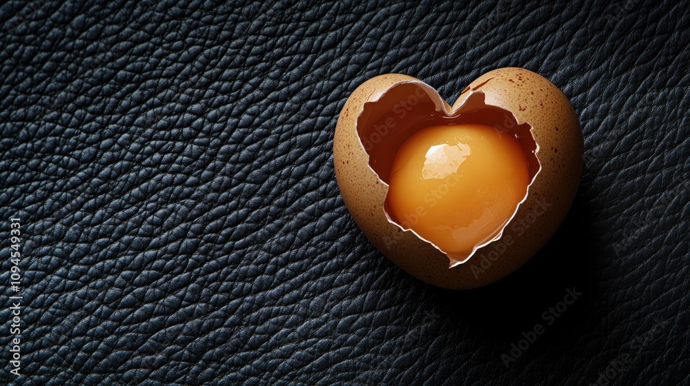 Obraz premium Cracked brown egg shell in heart shape on black leather, revealing yellow yolk inside, minimalistic Easter concept emphasizing love and creativity