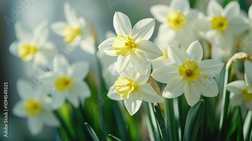 Close-up of white Narcissus flowers with yellow centers, blooming amid a snowy backdrop, representing spring's vibrant seasonal beauty.