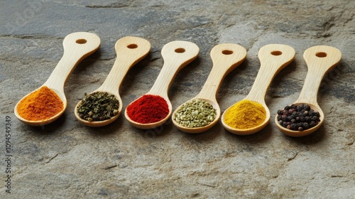 Colorful spices in wooden spoons displayed on a stone surface, highlighting a vibrant array of flavors and textures in culinary diversity. photo