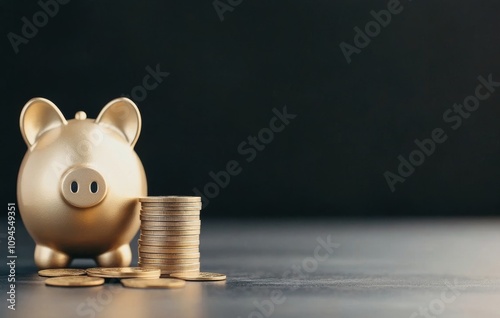 Golden piggy bank beside stacked coins on grey surface symbolizes saving mone...