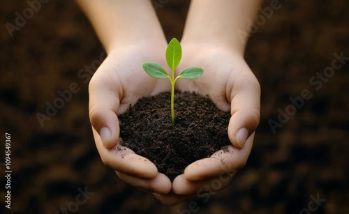 Hands holding a young plant in rich soil during daylight at a gardening location
