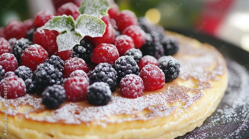 Fluffy Christmas Pancake Garnished with Fresh Raspberries and Blackberries, Dusting of Powdered Sugar, Surrounded by Holiday Decorations Fluffy Christmas Pancake Garnished with Fresh Raspberries and Blackberries, Dusting of Powdered Sugar, Surrounded by Holiday Decorations