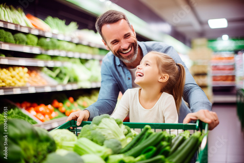 Padre con su hija sonrientes,  llevando carrito de la compra en el supermercado adquiriendo productos frescos de frutas y verduras. photo