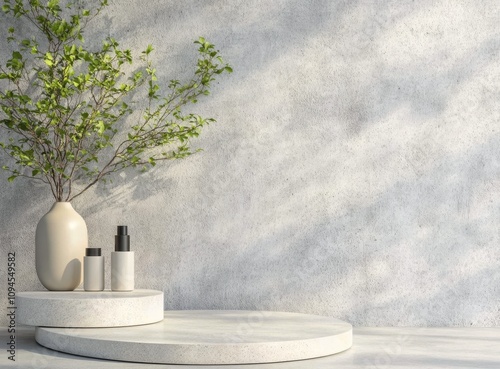Minimalist decor featuring a vase and a natural element on a round pedestal