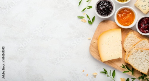 Cheese platter with bread, olives, and fruit preserves arranged on a wooden b...