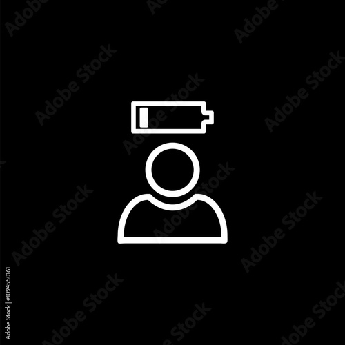 Tired person icon, fatigue or exhausted, lack battery energy icon  isolated on black background.
