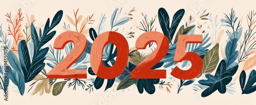 Vibrant floral design featuring the year 2025 on a light background with colo...