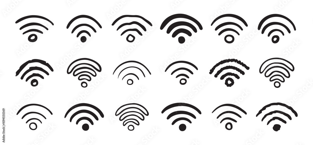 Hand drawn wifi icon set. doodle wi fi sign collection. Drawing Wi-Fi