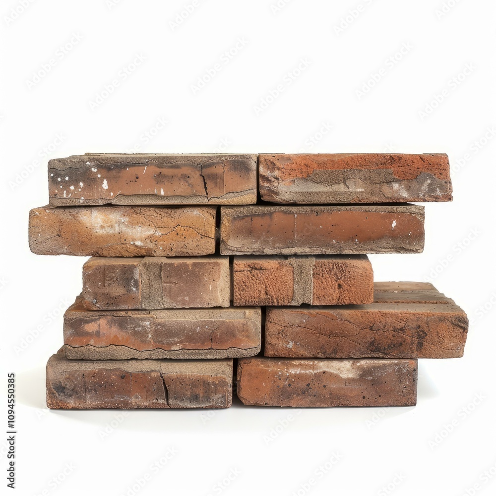 Close up of a stack of weathered bricks, creating a small wall against a clean white backdrop Close up of a stack of weathered bricks, creating a small wall against a clean white backdrop