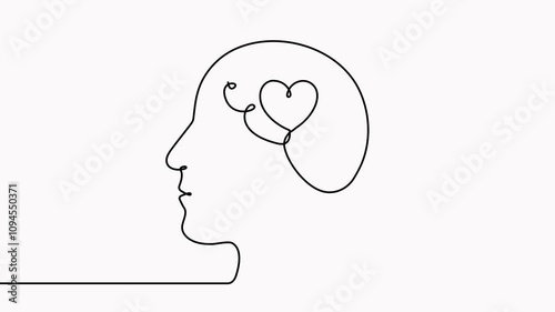 Head with brain and heart shape inside continuous line drawn animation. Falling in love concept animated video.