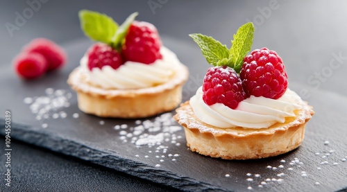 Delicious raspberry tarts on a black serving platter in a modern kitchen setting