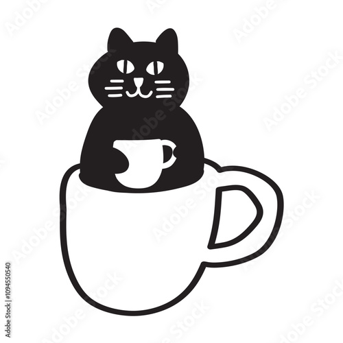 Cat with coffee cup sitting in a big mug. Isolated icon. Hand drawn outline illustration on white background.