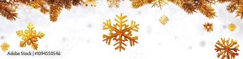 Christmas decoration with gold snowflakes in wave shape and stars border. Golden snowflakes in wave shape.